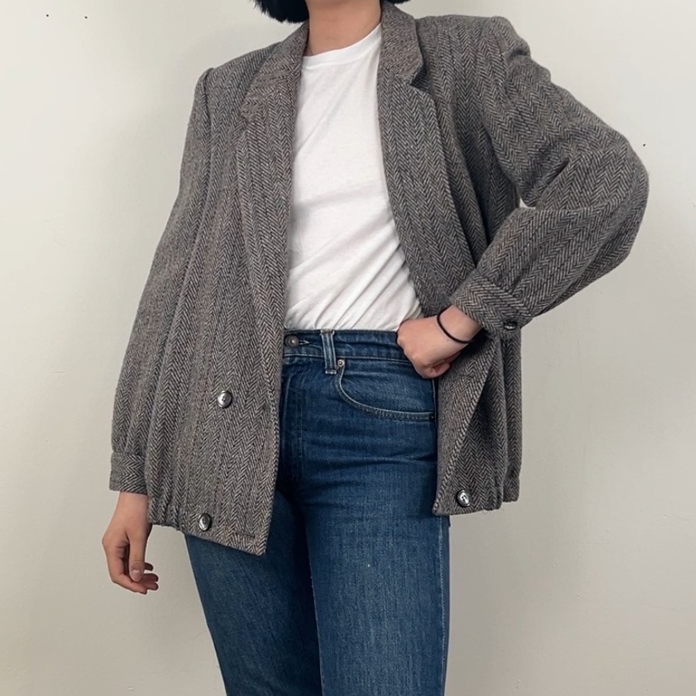 Vintage Emily Gray Herringbone Tweed Double Breasted Blazer